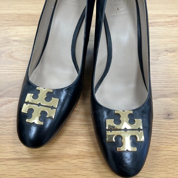 Tory Burch Black Leather Wedge Heels - Picture 1 of 7